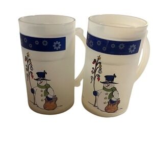 Libbey Snowman Holiday Glass Mugs Set of 2‎ with Blue Floral Band frosty drinks